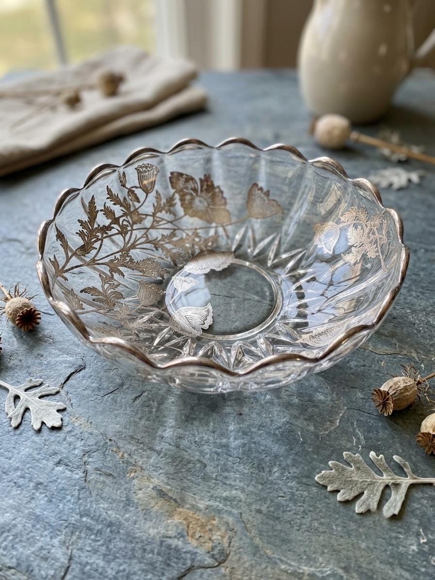 Vintage Glass Bowl Silver Overlay - Etsy