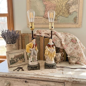 Vintage Porcelain Courting Couple Lamps – Colonial Figurines, Shabby Chic Bedside Decor