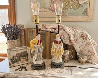 Vintage Porcelain Courting Couple Lamps – Colonial Figurines, Shabby Chic Bedside Decor