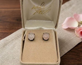 Vintage Sterling Silver Rose Quartz Stud Earrings, Oval Cabochon, Lord & Taylor Box