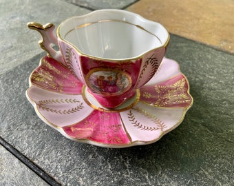 Vintage Trina Demitasse Cup & Saucer Pink Courting Couple, Cinderella Pattern, Mid-Century Japan, Tea lovers, Tea Party