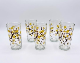 Vintage Yellow Blossom Tumblers, Mid-Century Floral Drinking Glasses (Set of 5)