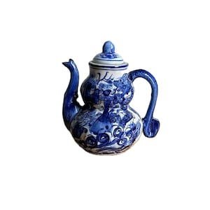 Vintage Chinoiserie Teapot: Blue & White Dragon, Serpent Handle, Signed