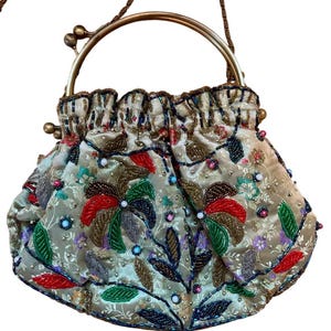 Vintage Beaded Clutch Bag: Satin Palm Tree Design, Crossbody Chain