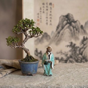 May include: A miniature bonsai tree in a blue ceramic pot, next to a small figurine of an Asian elder in a green robe. The background features a traditional Asian landscape painting.
