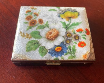 Vintage Guilloche Enamel Hand Painted Floral Pill Box Guilloche Pill Box MCM Purse Accessory Mid-Century Pill Box Floral Enamel Guilloche