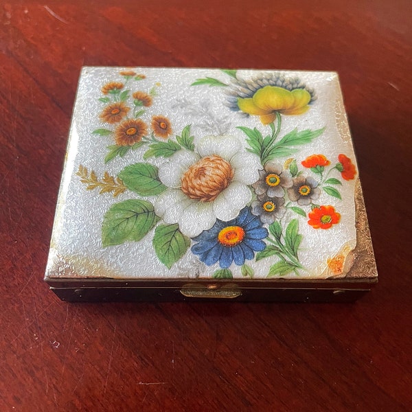 Vintage Guilloche Enamel Hand Painted Floral Pill Box Guilloche Pill Box MCM Purse Accessory Mid-Century Pill Box Floral Enamel Guilloche