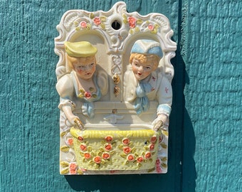 Antique Match Holder Wall Pocket Victorian Boy & Girl with Rose Basket Bisque Hand Painted Victorian Bisque Children Cottagecore French Chic