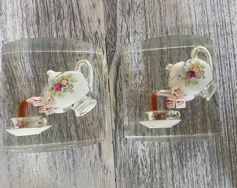 Rare Vintage Mid-Century Lucite Bookends with Floral China Teapots and Lipton Tea Bags: Charming Addition for Tea Lovers and Bookworms Alike