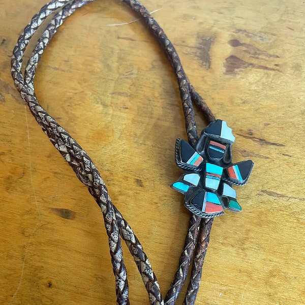 Vintage Zuni Multi Stone Inlay and Silver Knifewing Kachina Bolo Tie Native American Jewelry Vintage Turquoise Cowboy Bolo Tie