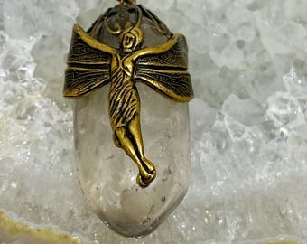 Fairy Quartz Pendant on Chain, Nouveau Style Bronze Color, Quartz Inclusions, Unique Handmade Jewelry
