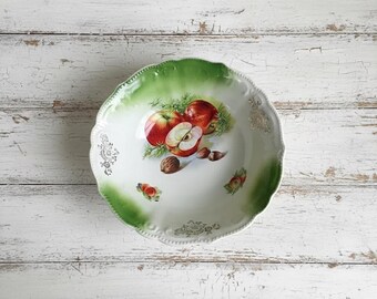 Antique Bavaria Porcelain Serving Bowl: Hand-Painted Apple & Chestnut Design
