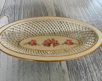 Antique Max Roesler RVR Porcelain Reticulated Oval Basket Dish with Pink Roses - Bavaria Backstamp - Victorian 1900's - Cottagecore Decor