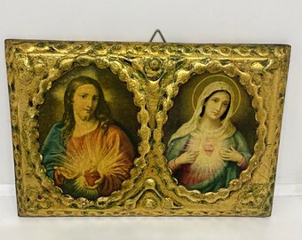 Florentine Religious Plaque - Immaculate Heart of Mary and Sacred Heart of Jesus Made in Italy  Catholic Religious Plaque Religious Wall Art