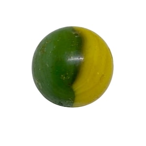 May include: A round marble with a split color design. One half is a deep green, and the other half is a bright yellow. The marble has a glossy finish and is set against a white background.