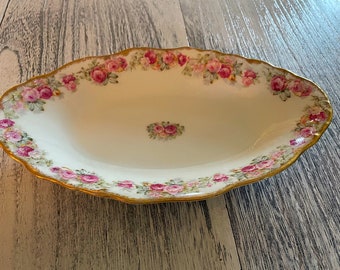 Antique Elite Works Limoges France Higgins & Seiter New York Pink Roses Gold Rim Oval Relish Pickle Dish - Cottagecore Victorian Decor