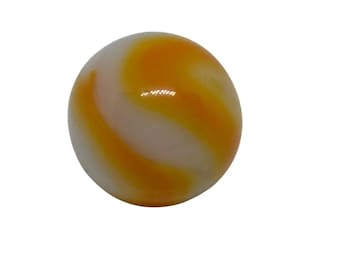 May include: A single, round marble with a glossy finish. The marble features a swirling pattern of orange and white, creating a visually appealing design. The marble is a classic toy, often used for games or as a collectible item.