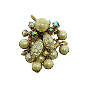 Vintage Floral Spray Brooch, Gold Tone Rhinestone Brooch with Faux Pearls, Mid-Century Costume Jewelry