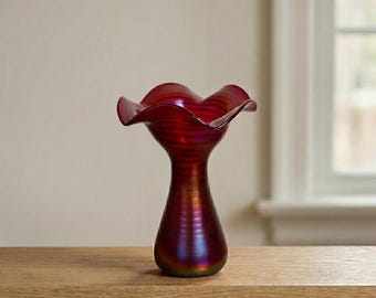 Antique Kralik Art Nouveau Iridescent Red Glass Vase: Bohemian Art Decor