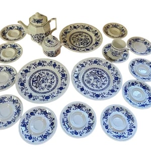 Vintage Blue Onion Ironstone 18-Piece Set: Kensington Plates, Teacups, Teapot