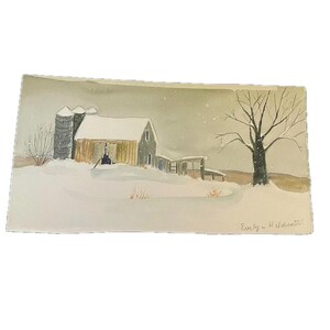 Vintage Winter Barn Watercolor Painting: Signed Evelyn Hildsette, Farmhouse Decor