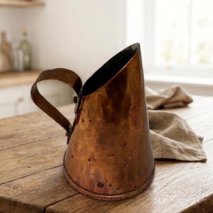May include: A copper coal scuttle with a weathered, dark metallic finish and a curved handle. The vessel features a wide, angled opening at the top and a rounded base, showing signs of oxidation and age across its textured, brownish-orange surface.