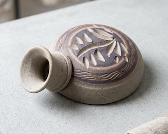 Handcrafted Unglazed Stoneware Vessel | Carved Leaf Motif, Wabi-Sabi Sculpture (7"x5")