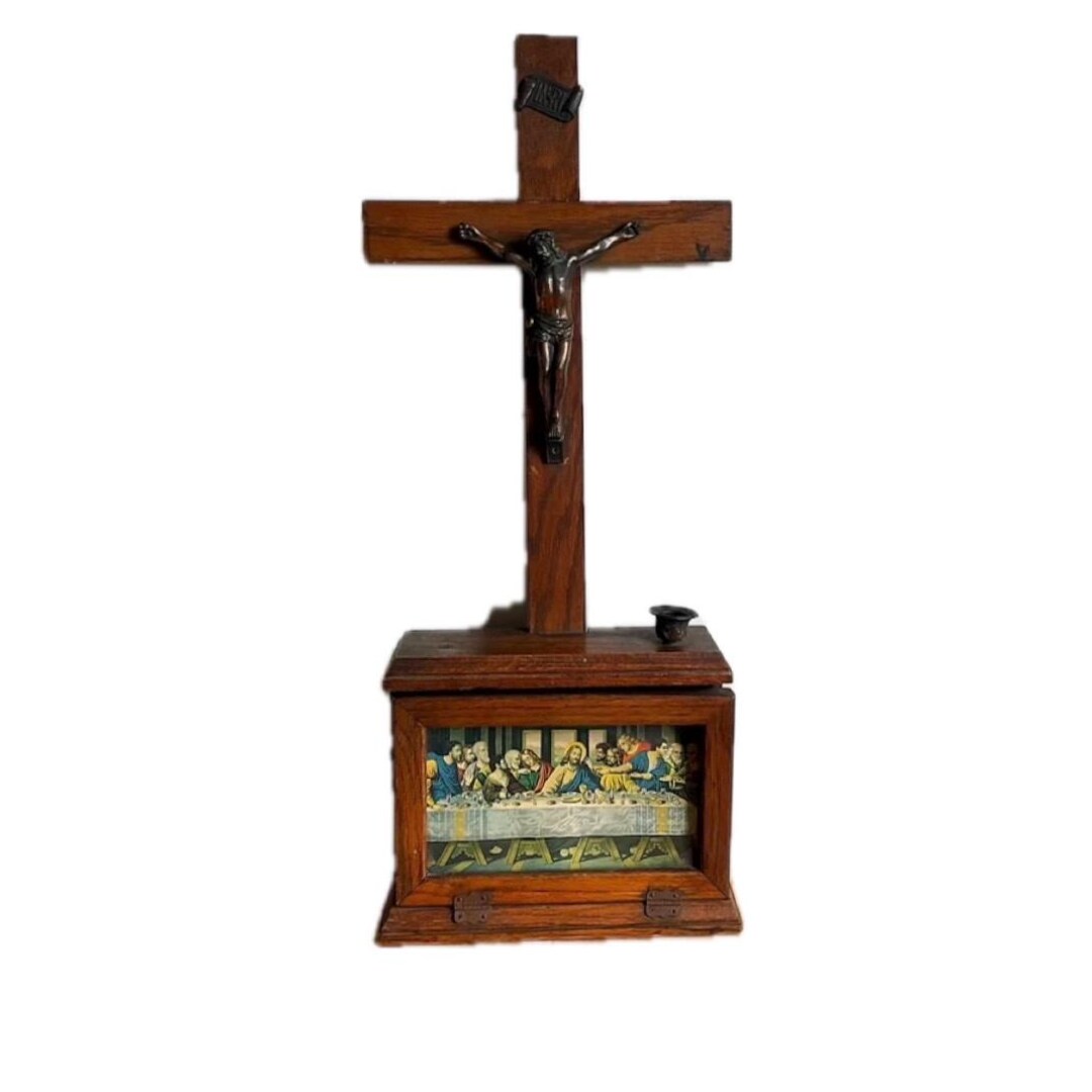 Antique Catholic Altar Shrine Crucifix Box -last Rites - Last Supper ...