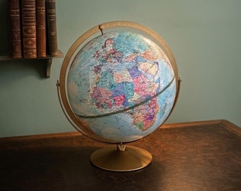 1980s Replogle Swivel Axis Globe, Brass Finish, Raised Relief Mountains, Dark Academia Office Decor