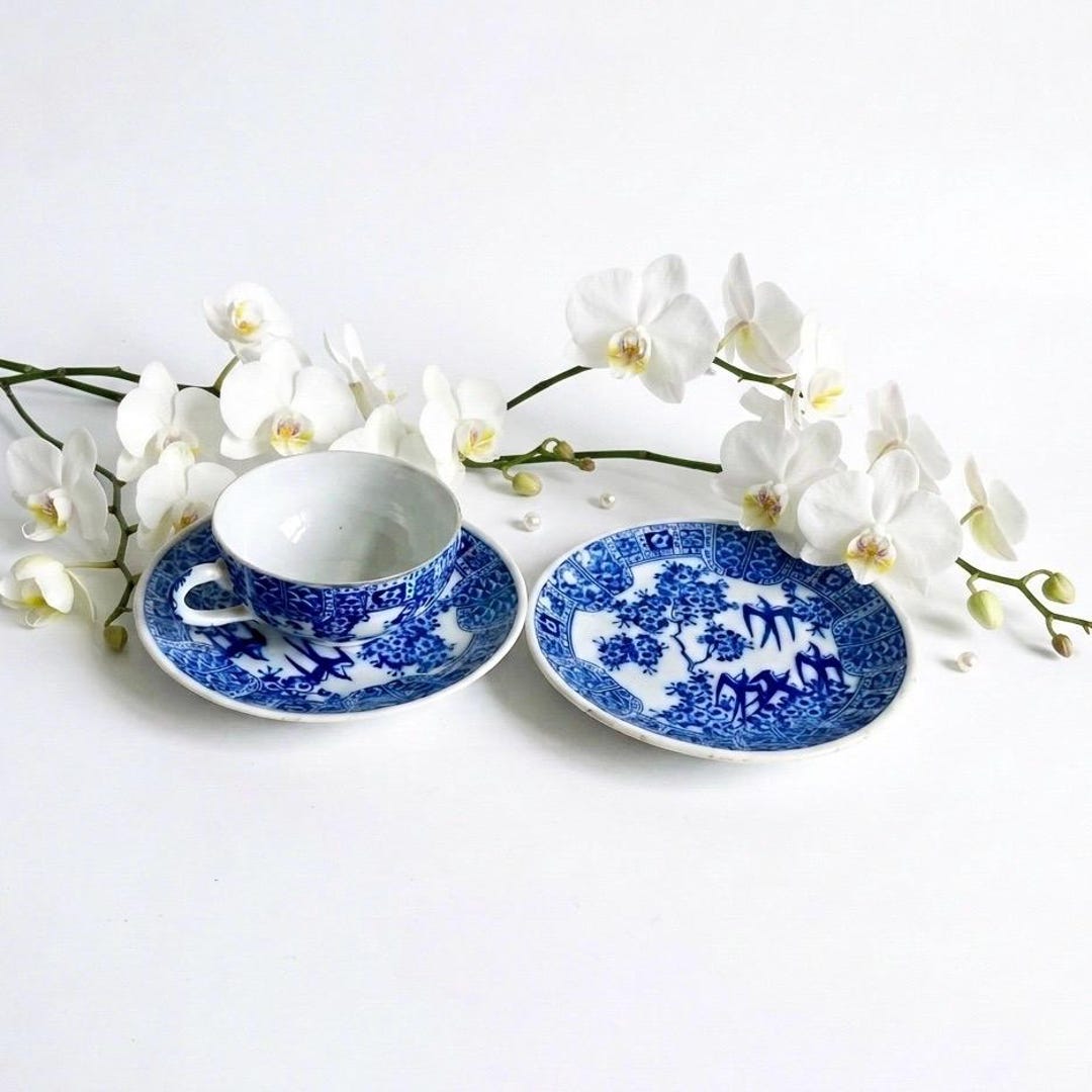 Vintage Japanese Eggshell Porcelain Tea Set: Blue Swallow Design - Etsy