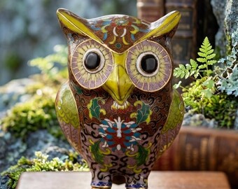 Vintage Cloisonné Owl Figurine – Goldstone Enamel Brass Bird Statue (6" H)
