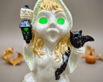 Vintage Ceramic Light-Up Ghost with Bat Figure, Opalescent Pearl Glaze, Glowing Green Halloween Decor