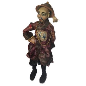 Antique Asian Marionette Puppet | Chinese or Vietnamese | Hand-Painted Wooden Mandarin Figure | Satin Costume & Beads | Rare Folk Art