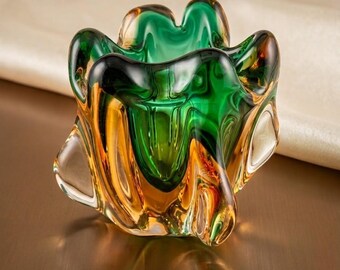 Vintage Murano Sommerso Glass Bowl, Emerald Green Amber Fluted Centerpiece