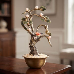Swoboda Vintage Gemstone Bonsai Tree | Jade Leaves, Quartz Blossoms, Perched Bird (Brass Pot)