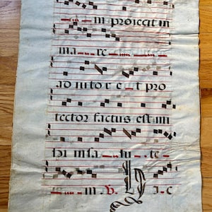 Antique Antiphonal - Hand-Painted Latin Sheet Music on Vellum - Medieval Monastary  - Renaissance Period Art - Gregorian Chant