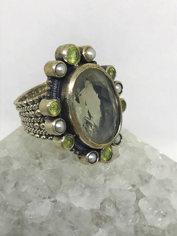 Vintage Sterling Silver 925 Quartz Pearl and Peridot Large Ring  