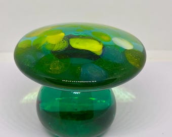 Vintage Blenko Art Glass Mushroom Paperweight, Green with Yellow Frit Cap (MCM)