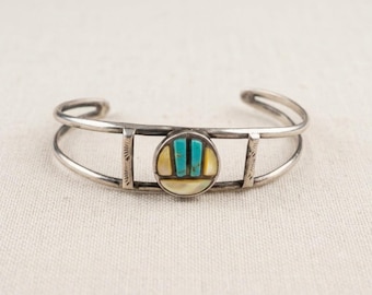 Vintage Zuni Turquoise Mother of Pearl Sterling Silver Cuff Bracelet Southwestern Style