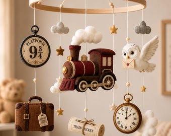 Wizard Train Baby Mobile, Felt Magic Crib Mobile, Owl Train Nursery Decor, Baby Shower Gift