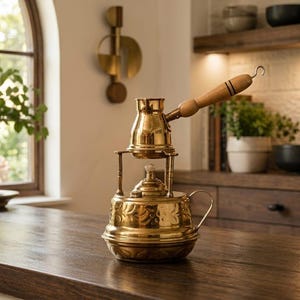 May include: A polished brass coffee maker with a long wooden handle and a matching brass base featuring an integrated burner. The vessel has a tapered body and a small spout, while the base is decorated with an embossed floral pattern.
