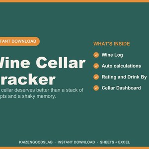 Wine Cellar Tracker Spreadsheet | Wine Collection Log with Vintage, Value, Rating (Google Sheets, Excel)