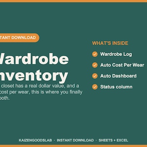 Wardrobe Inventory Spreadsheet | Closet Tracker with Cost Per Wear Calculator (Google Sheets, Excel)