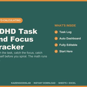 May include: A dark green digital ADHD task and focus tracker template with white text reading Auto-Calculating, ADHD Task and Focus Tracker, and Catch the task, catch the focus, catch yourself before you spiral. The math runs itself. Includes a list of features.