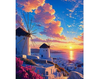 Grafika z wiatrakami na Mykonos | Sztuka ścienna na greckich wyspach | Plakat z zachodem słońca na Morzu Egejskim