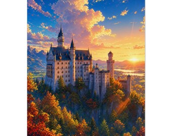 Zamek Neuschwanstein, grafika | Bawaria, Niemcy, grafika ścienna | Plakat z jesienną bajką