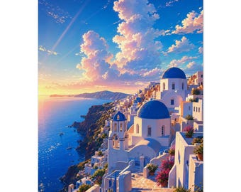 Plakat Santorini Oia | Greckie niebieskie kopuły | Kolorowy plakat z zachodem słońca