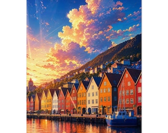 Druk Bergen Bryggen | Sztuka ścienna z norweskim portem | Plakat z kolorowymi domami | Prezent podróżny