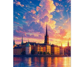 Plakat ze Sztokholmu Gamla Stan | Sztuka ścienna ze starego miasta w Szwecji | Plakat „Kolorowy zmierzch” | Prezent z podróży