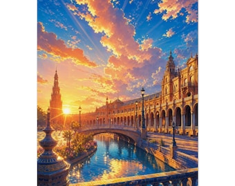 Plakat z Sewilli, Plaza de España | Sztuka ścienna Andaluzji w Hiszpanii | Plakat Złotej Godziny | Prezent z podróży
